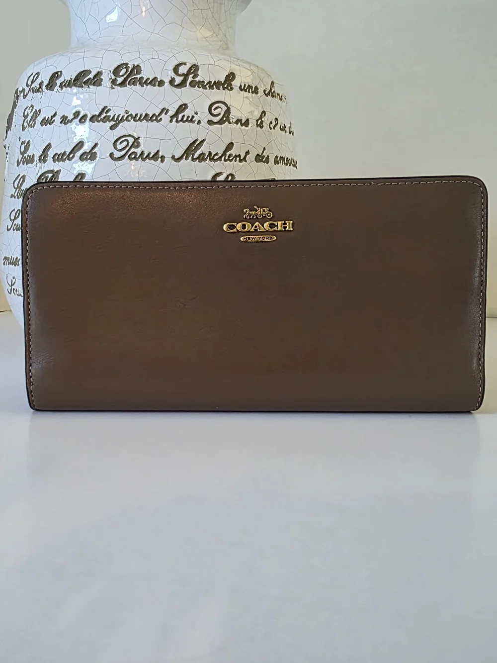 Coach Skinny Wallet Dark Stone Refined Calf Leather Continental Zip Wallet